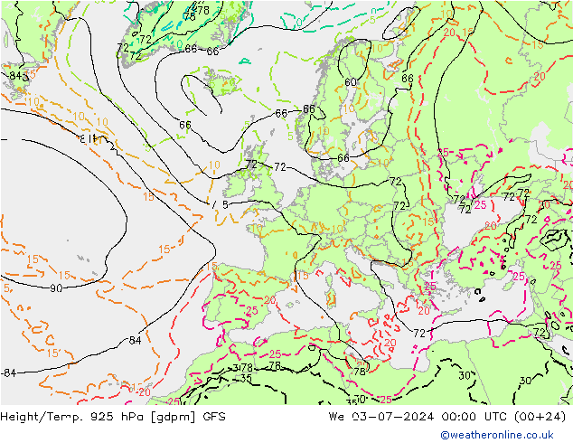 Height/Temp. 925 hPa GFS 星期三 03.07.2024 00 UTC