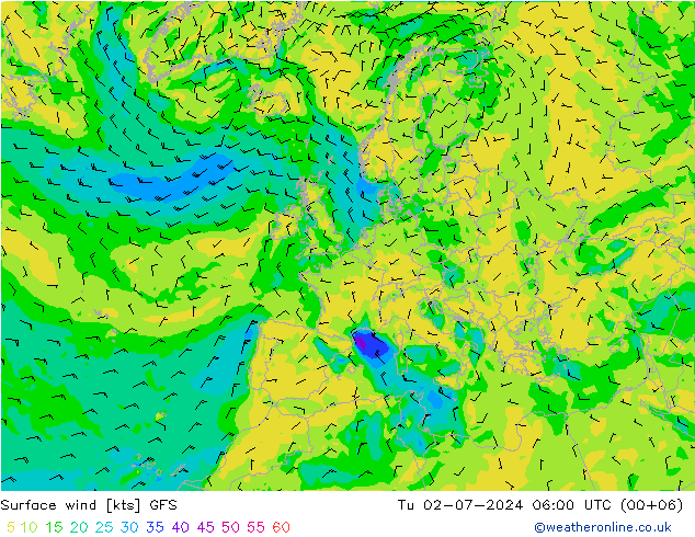 风 10 米 GFS 星期二 02.07.2024 06 UTC