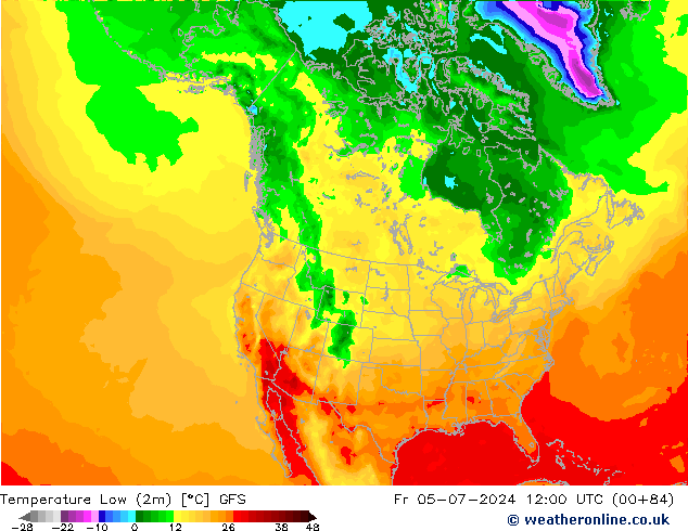Temperature Low (2m) GFS 星期五 05.07.2024 12 UTC