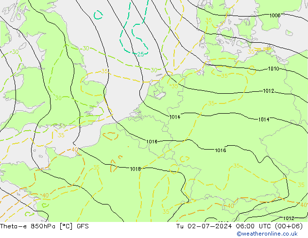 Theta-e 850hPa GFS di 02.07.2024 06 UTC