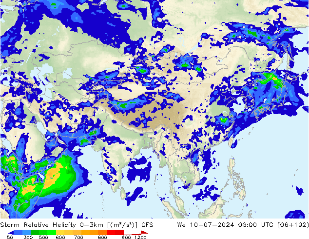 Storm Relative Helicity GFS wo 10.07.2024 06 UTC