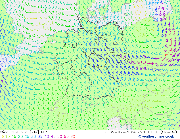风 500 hPa GFS 星期二 02.07.2024 09 UTC