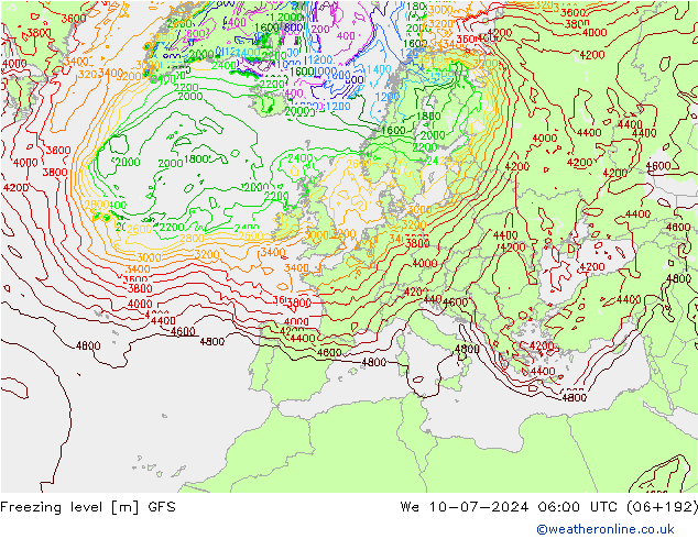 Freezing level GFS 星期三 10.07.2024 06 UTC