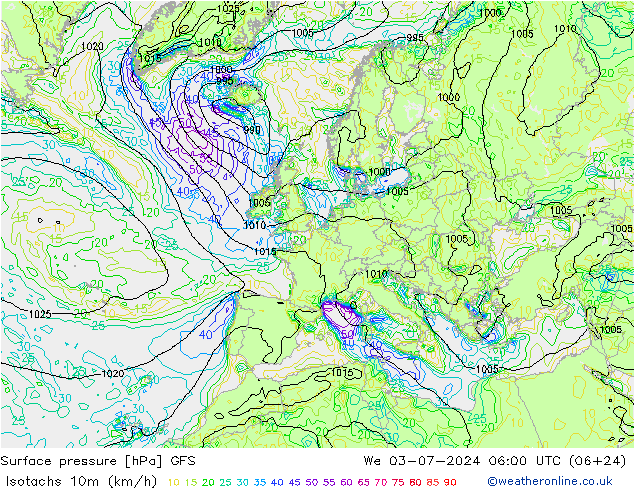 10米等风速线 (kph) GFS 星期三 03.07.2024 06 UTC