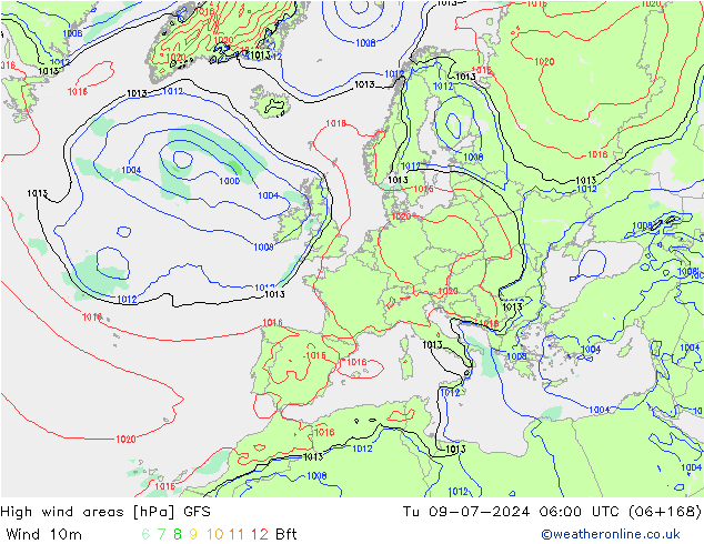 High wind areas GFS 星期二 09.07.2024 06 UTC