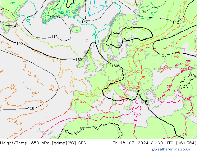 Z500/Rain (+SLP)/Z850 GFS Th 18.07.2024 06 UTC