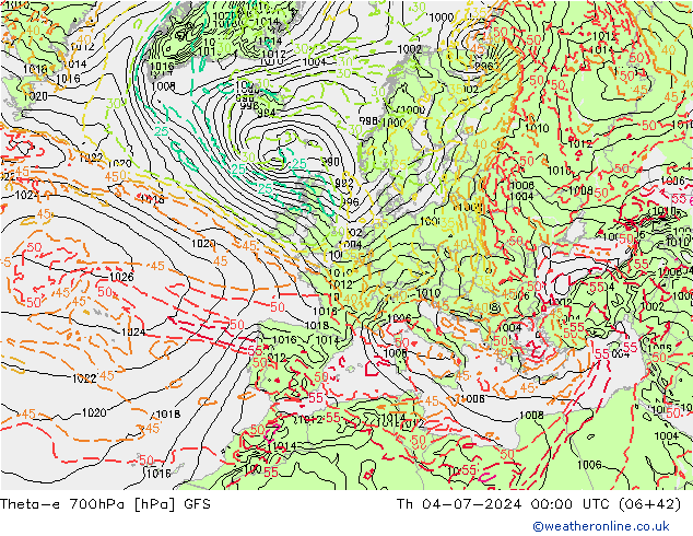 Theta-e 700hPa GFS 星期四 04.07.2024 00 UTC