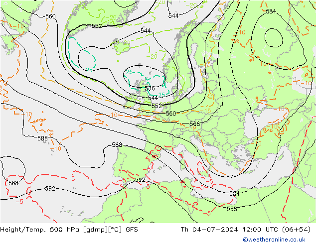 Z500/Rain (+SLP)/Z850 GFS 星期四 04.07.2024 12 UTC