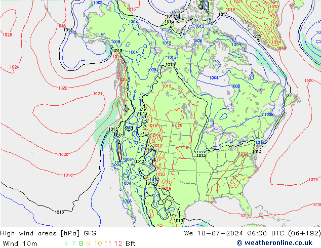 High wind areas GFS 星期三 10.07.2024 06 UTC
