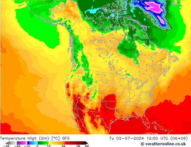 Temperature High (2m) GFS 星期二 02.07.2024 12 UTC
