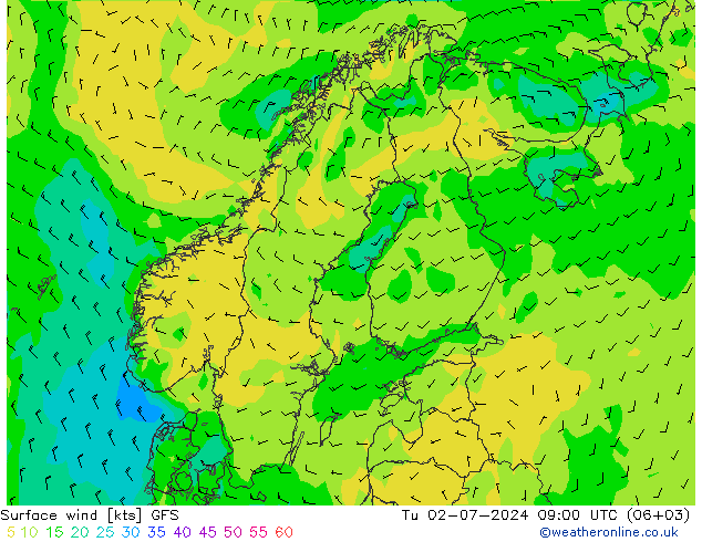 风 10 米 GFS 星期二 02.07.2024 09 UTC