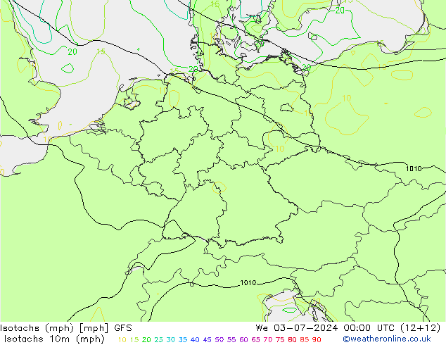Isotachs (mph) GFS 星期三 03.07.2024 00 UTC