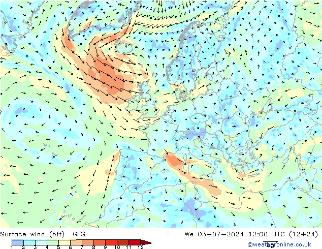 Wind 10 m (bft) GFS wo 03.07.2024 12 UTC