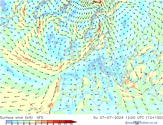 Wind 10 m (bft) GFS zo 07.07.2024 12 UTC