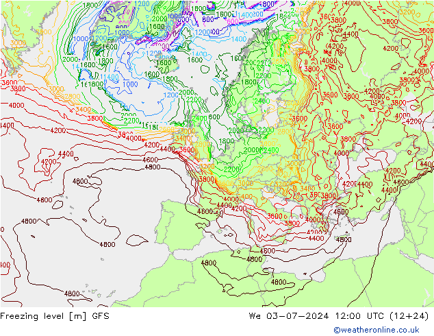 Freezing level GFS 星期三 03.07.2024 12 UTC