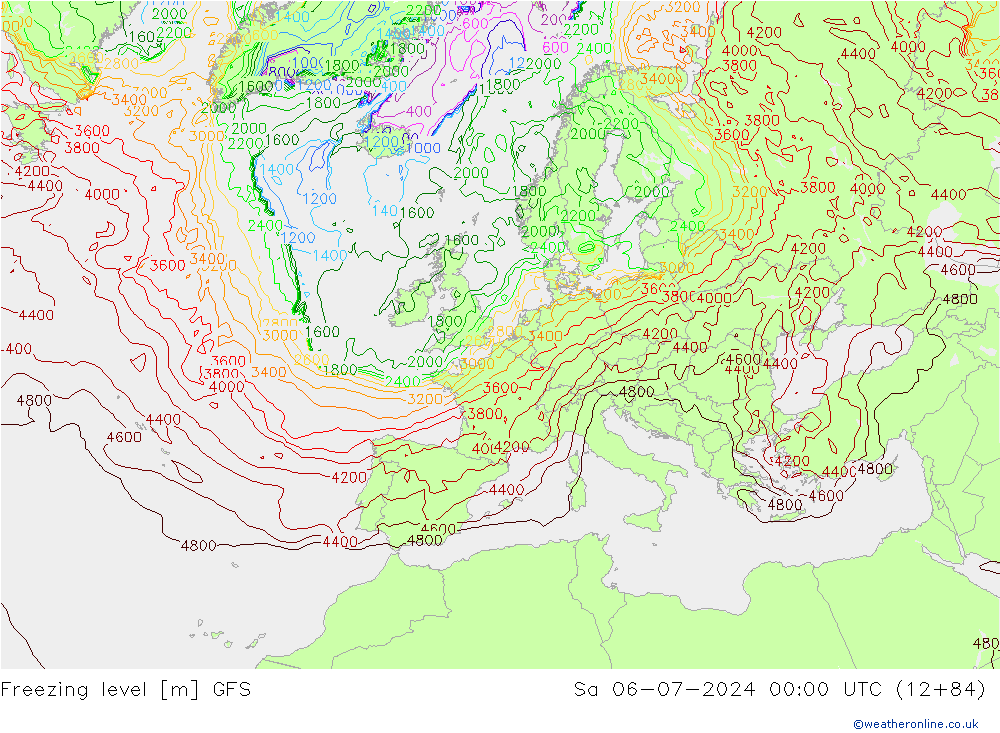 Freezing level GFS 星期六 06.07.2024 00 UTC