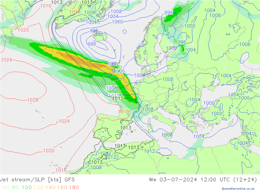 高速氣流/地面气压 GFS 星期三 03.07.2024 12 UTC