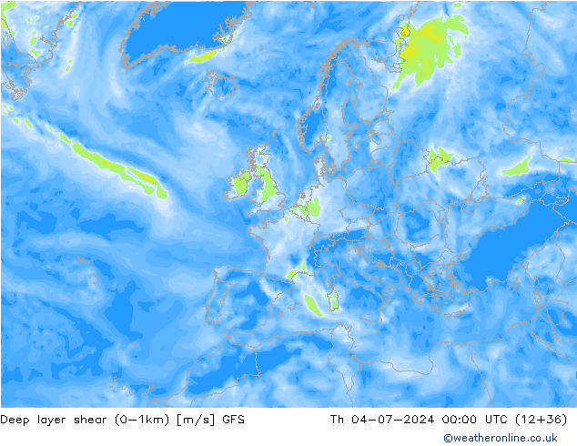 Deep layer shear (0-1km) GFS 星期四 04.07.2024 00 UTC