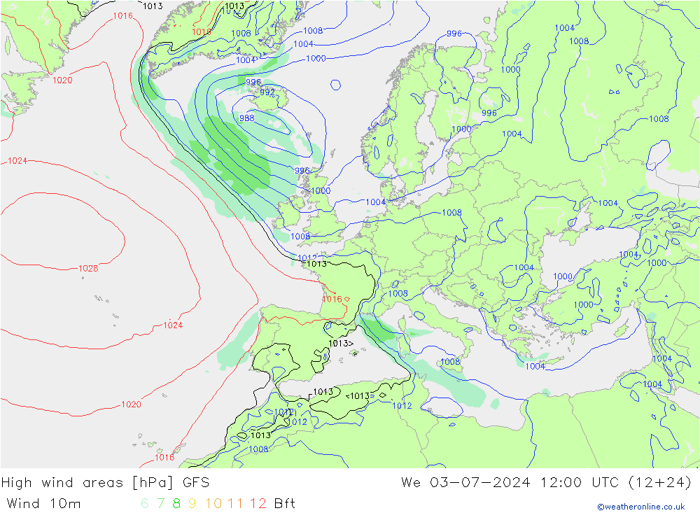 High wind areas GFS 星期三 03.07.2024 12 UTC