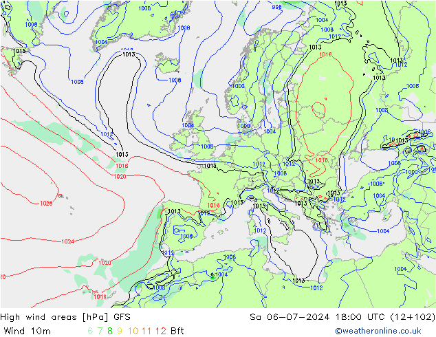High wind areas GFS 星期六 06.07.2024 18 UTC