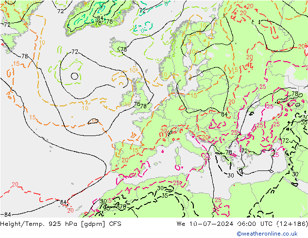 Hoogte/Temp. 925 hPa GFS wo 10.07.2024 06 UTC