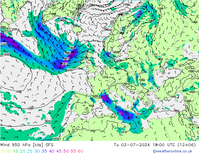 Prec 6h/Wind 10m/950 GFS 星期二 02.07.2024 18 UTC