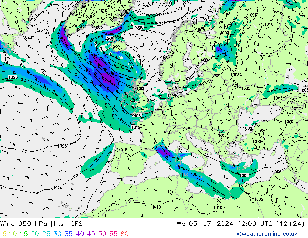 Wind 950 hPa GFS wo 03.07.2024 12 UTC