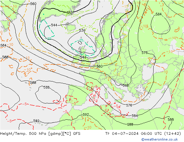 Z500/Rain (+SLP)/Z850 GFS 星期四 04.07.2024 06 UTC