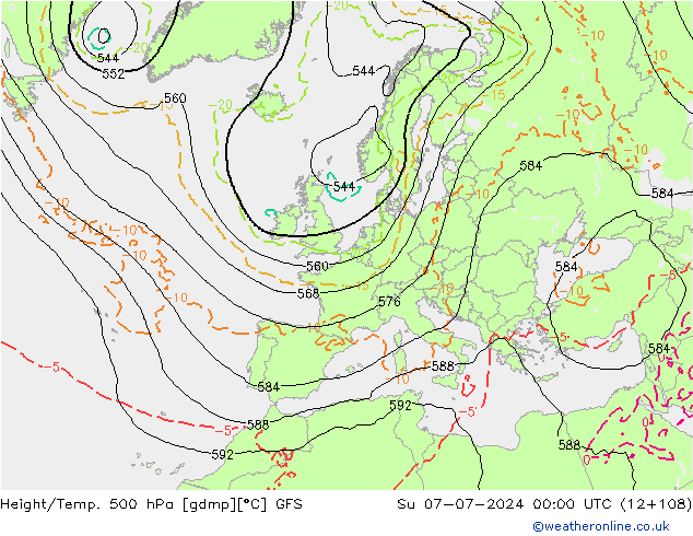 Z500/Rain (+SLP)/Z850 GFS 星期日 07.07.2024 00 UTC