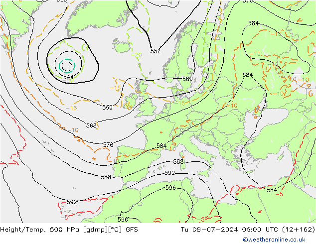 Hoogte/Temp. 500 hPa GFS di 09.07.2024 06 UTC