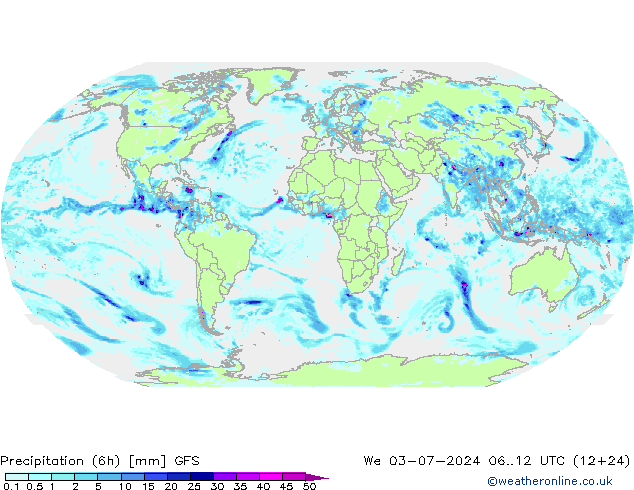 降水量 (6h) GFS 星期三 03.07.2024 12 UTC
