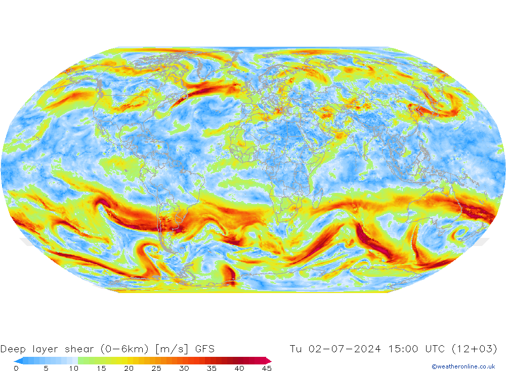 Deep layer shear (0-6km) GFS 星期二 02.07.2024 15 UTC