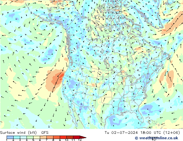 Wind 10 m (bft) GFS di 02.07.2024 18 UTC