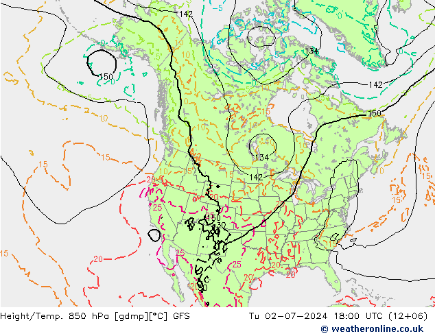 Z500/Rain (+SLP)/Z850 GFS 星期二 02.07.2024 18 UTC