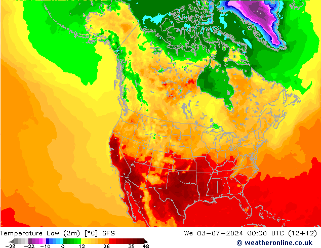 Temperature Low (2m) GFS 星期三 03.07.2024 00 UTC
