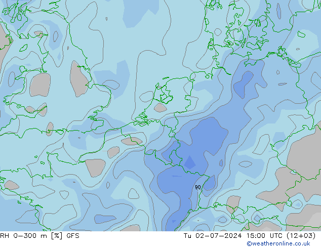 RH 0-300 m GFS 星期二 02.07.2024 15 UTC