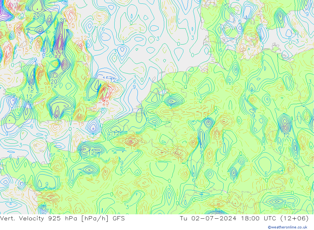 Vert. Velocity 925 hPa GFS 星期二 02.07.2024 18 UTC