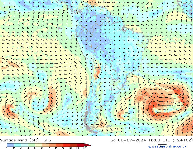 Wind 10 m (bft) GFS za 06.07.2024 18 UTC
