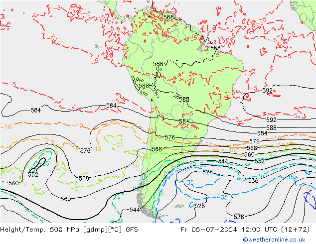 Hoogte/Temp. 500 hPa GFS vr 05.07.2024 12 UTC