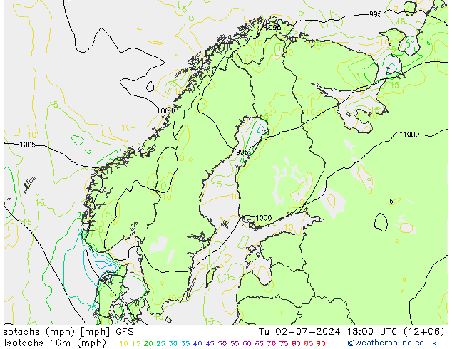 Isotachs (mph) GFS 星期二 02.07.2024 18 UTC
