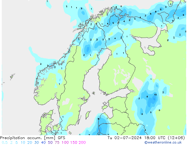 Precipitation accum. GFS 星期二 02.07.2024 18 UTC