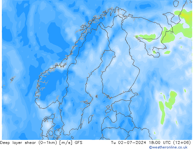 Deep layer shear (0-1km) GFS 星期二 02.07.2024 18 UTC