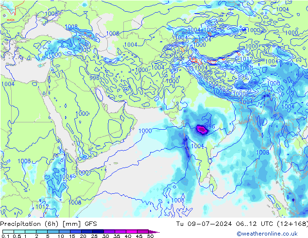 Z500/Rain (+SLP)/Z850 GFS 星期二 09.07.2024 12 UTC