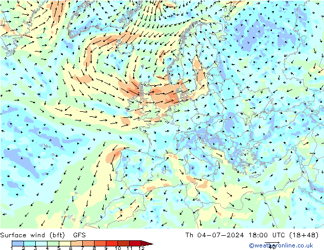 Wind 10 m (bft) GFS do 04.07.2024 18 UTC