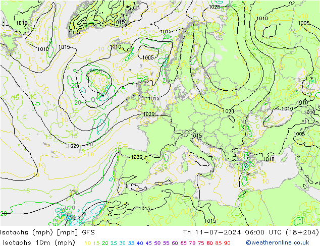 Isotachs (mph) GFS 星期四 11.07.2024 06 UTC