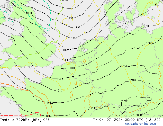 Theta-e 700hPa GFS 星期四 04.07.2024 00 UTC