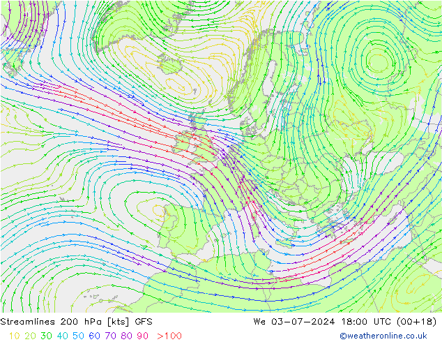 风 200 hPa GFS 星期三 03.07.2024 18 UTC