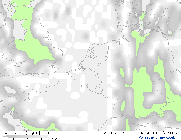 Bewolking (Hoog,Middelb.,Laag) GFS wo 03.07.2024 06 UTC