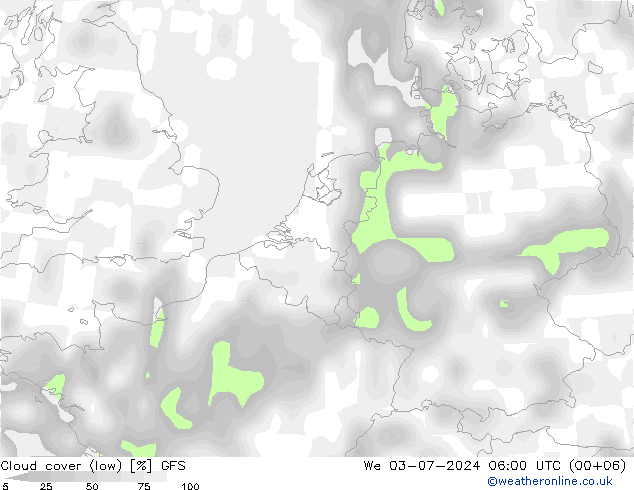 Bewolking (Hoog,Middelb.,Laag) GFS wo 03.07.2024 06 UTC