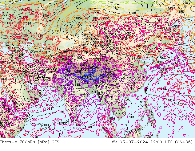 Theta-e 700hPa GFS wo 03.07.2024 12 UTC